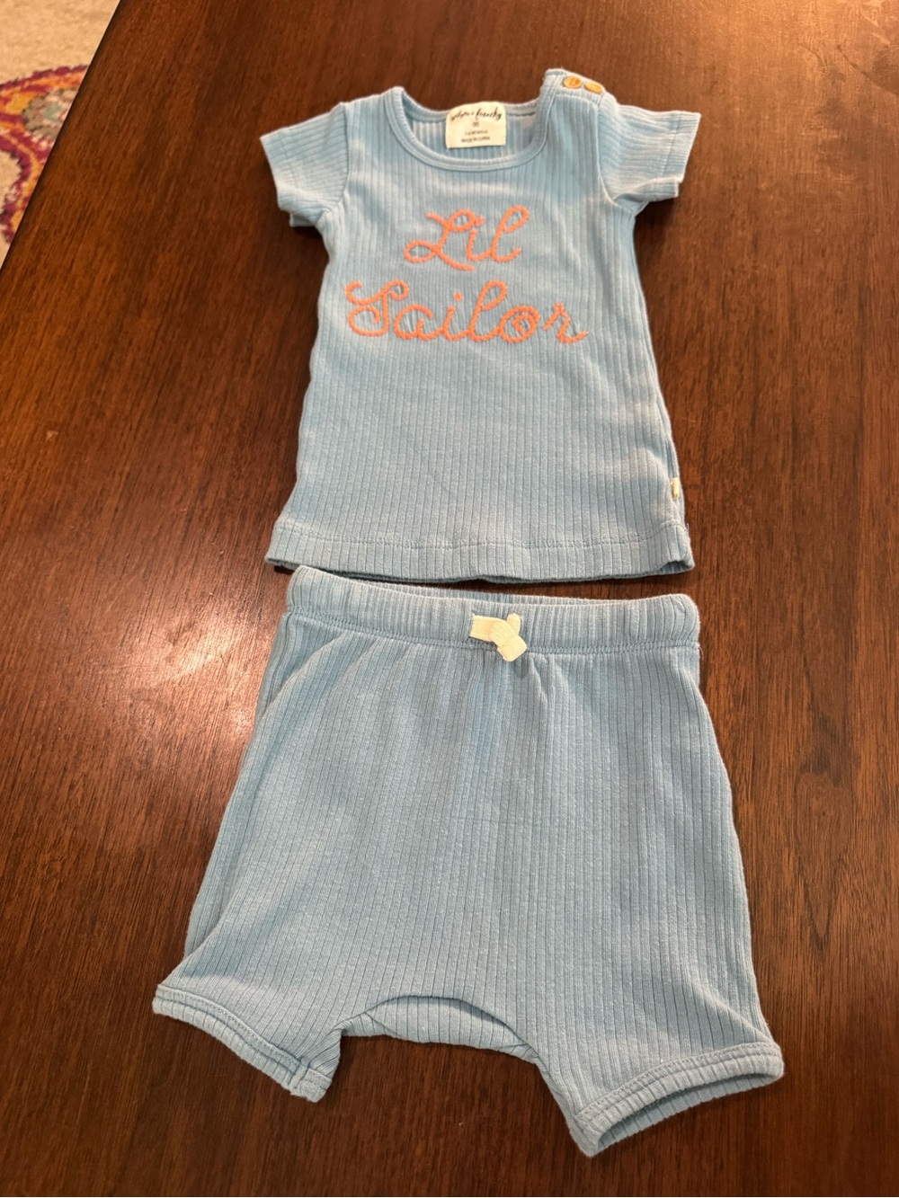 Organic Cotton Light Blue Ribbed 'Lil Sailor' Two-Piece Pajama Set